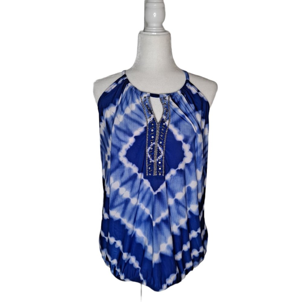 NWT INC Blue Embellished Tie Dye Top Xlarge